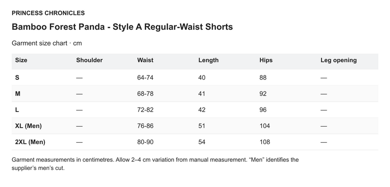 Princess Chronicles Bamboo Forest Panda - Style A Regular-Waist Shorts - English garment measurements in centimetres