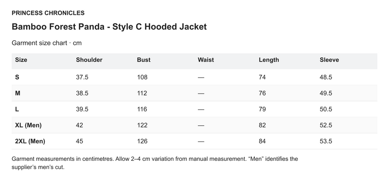 Princess Chronicles Bamboo Forest Panda - Style C Hooded Jacket - English garment measurements in centimetres