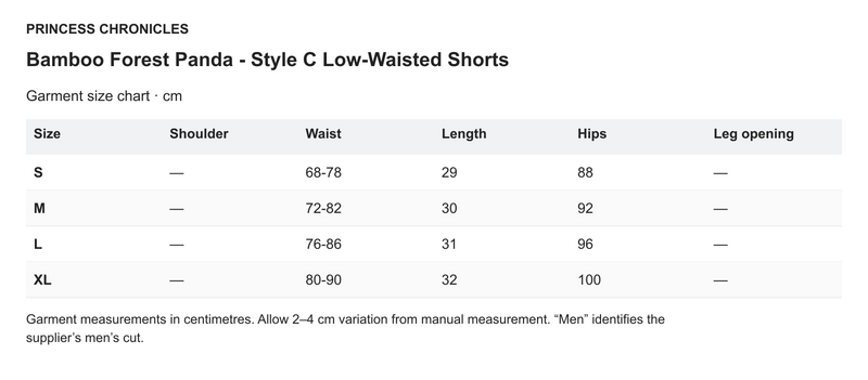Princess Chronicles Bamboo Forest Panda - Style C Low-Waisted Shorts - English garment measurements in centimetres