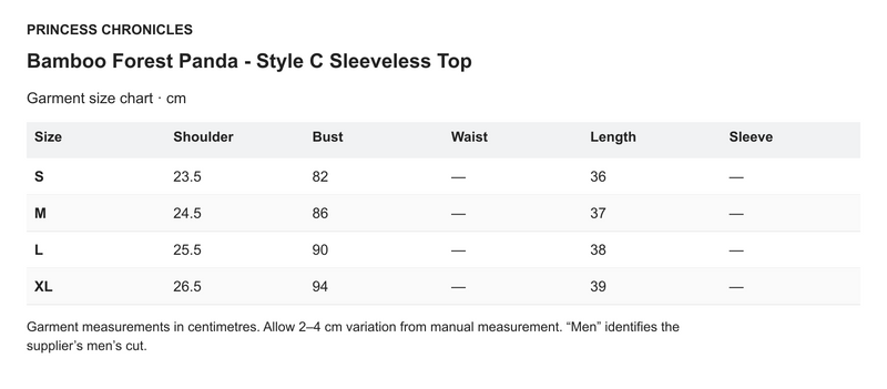 Princess Chronicles Bamboo Forest Panda - Style C Sleeveless Top - English garment measurements in centimetres