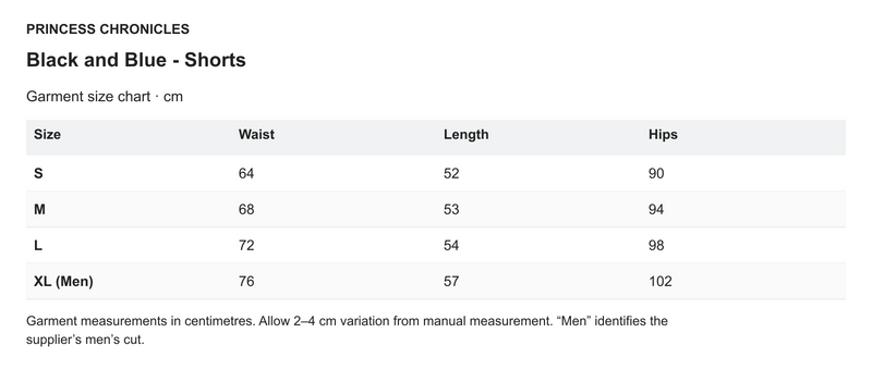 Princess Chronicles Black and Blue - Shorts - English garment measurements in centimetres