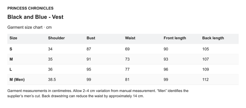 Princess Chronicles Black and Blue - Vest - English garment measurements in centimetres