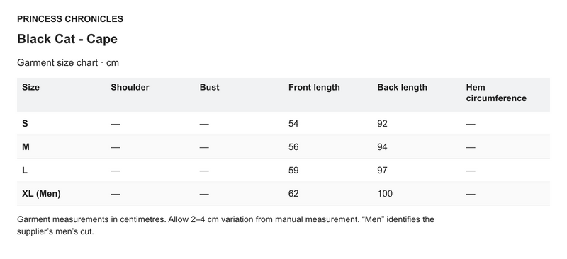 Princess Chronicles Black Cat - Cape - English garment measurements in centimetres