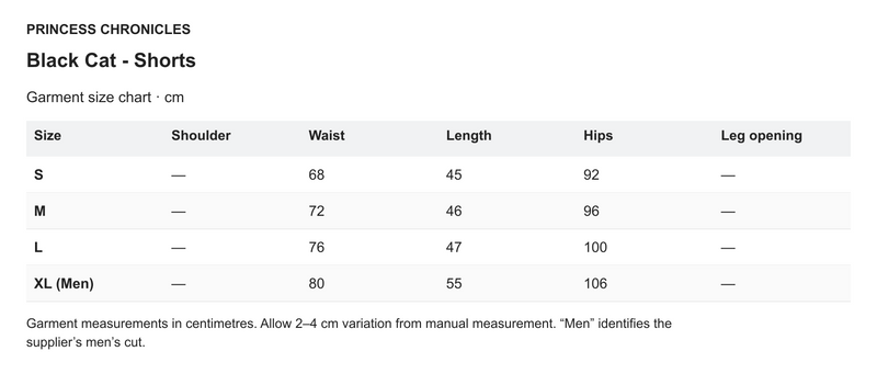 Princess Chronicles Black Cat - Shorts - English garment measurements in centimetres