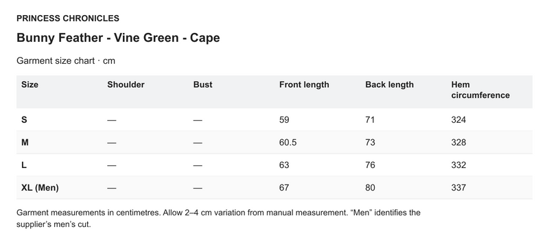 Princess Chronicles Bunny Feather - Vine Green - Cape - English garment measurements in centimetres