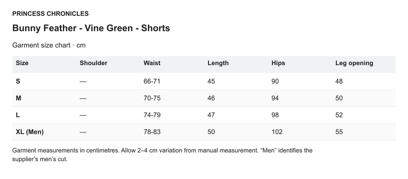 Princess Chronicles Bunny Feather - Vine Green - Shorts - English garment measurements in centimetres