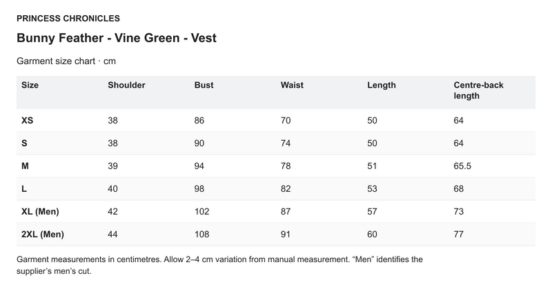 Princess Chronicles Bunny Feather - Vine Green - Vest - English garment measurements in centimetres