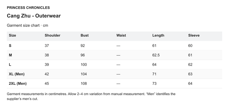 Princess Chronicles Cang Zhu - Outerwear - English garment measurements in centimetres