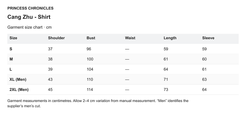 Princess Chronicles Cang Zhu - Shirt - English garment measurements in centimetres
