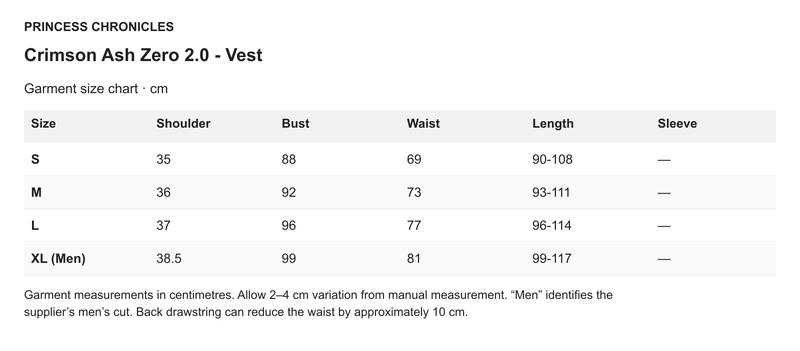 Princess Chronicles Crimson Ash Zero 2.0 - Vest - English garment measurements in centimetres