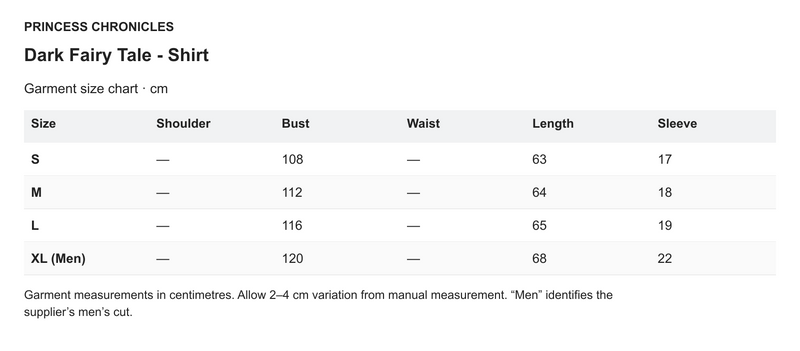 Princess Chronicles Dark Fairy Tale - Shirt - English garment measurements in centimetres
