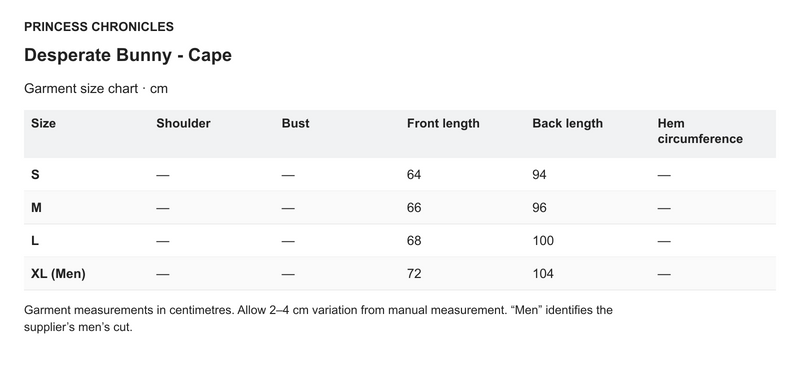 Princess Chronicles Desperate Bunny - Cape - English garment measurements in centimetres