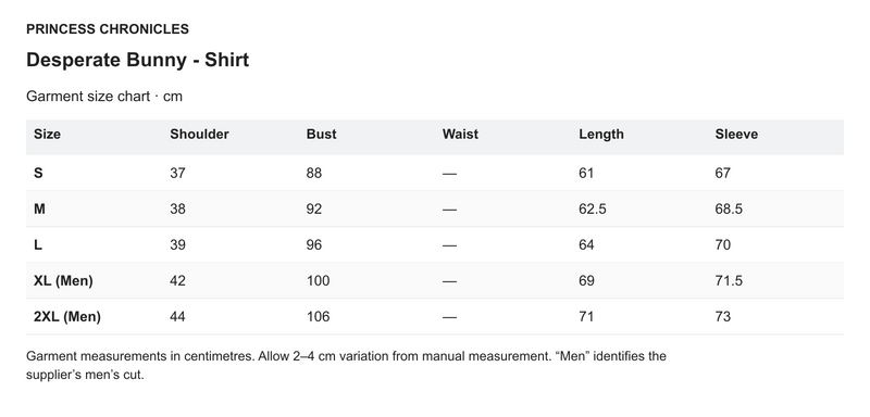 Princess Chronicles Desperate Bunny - Shirt - English garment measurements in centimetres