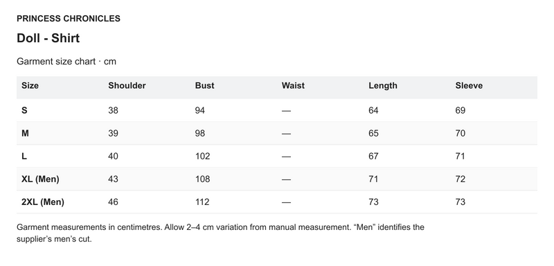 Princess Chronicles Doll - Shirt - English garment measurements in centimetres