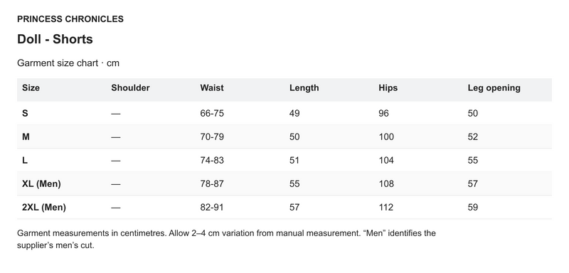 Princess Chronicles Doll - Shorts - English garment measurements in centimetres