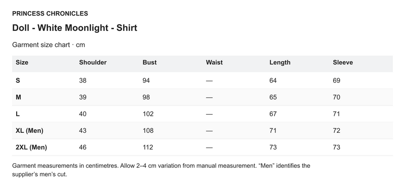 Princess Chronicles Doll - White Moonlight - Shirt - English garment measurements in centimetres