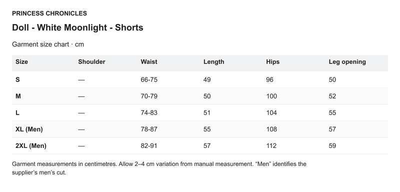 Princess Chronicles Doll - White Moonlight - Shorts - English garment measurements in centimetres