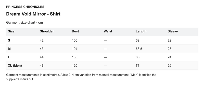 Princess Chronicles Dream Void Mirror - Shirt - English garment measurements in centimetres