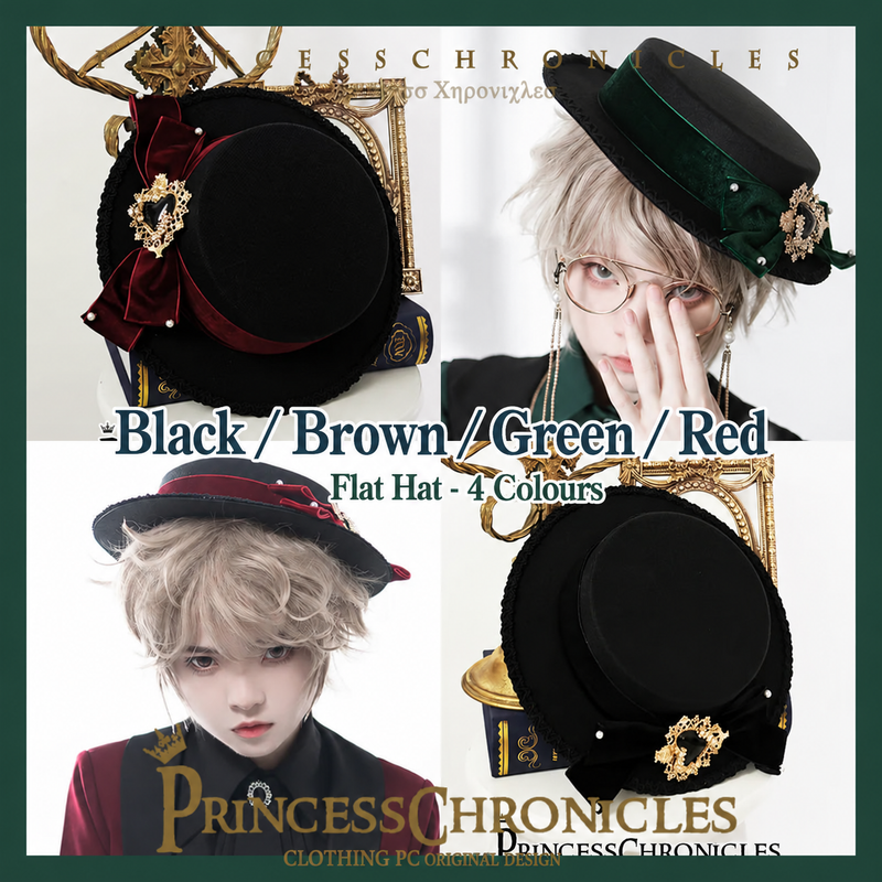 Princess Chronicles Red flat hat - English colour guide showing black hats with red, green and black ribbon accents