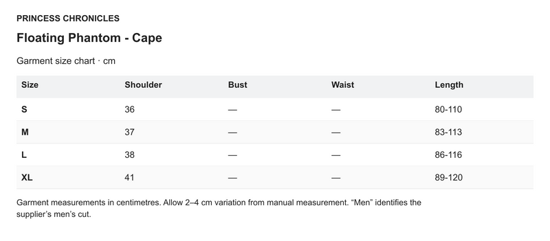 Princess Chronicles Floating Phantom - Cape - English garment measurements in centimetres