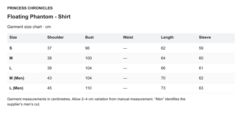 Princess Chronicles Floating Phantom - Shirt - English garment measurements in centimetres
