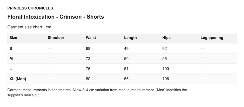 Princess Chronicles Floral Intoxication - Crimson - Shorts - English garment measurements in centimetres