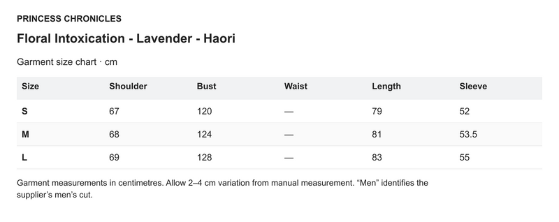 Princess Chronicles Floral Intoxication - Lavender - Haori - English garment measurements in centimetres