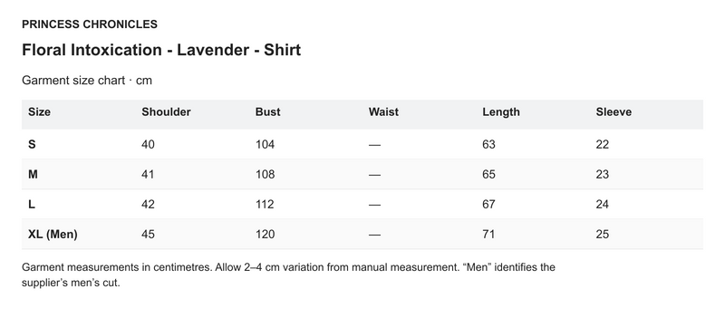 Princess Chronicles Floral Intoxication - Lavender - Shirt - English garment measurements in centimetres