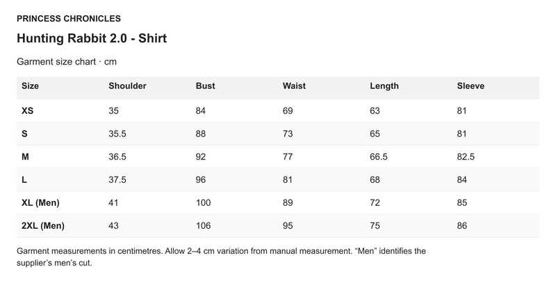 Princess Chronicles Hunting Rabbit 2.0 - Shirt - English garment measurements in centimetres