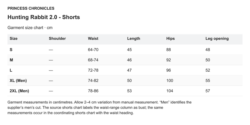 Princess Chronicles Hunting Rabbit 2.0 - Shorts - English garment measurements in centimetres