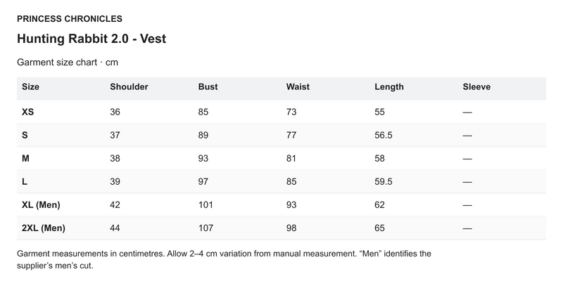 Princess Chronicles Hunting Rabbit 2.0 - Vest - English garment measurements in centimetres