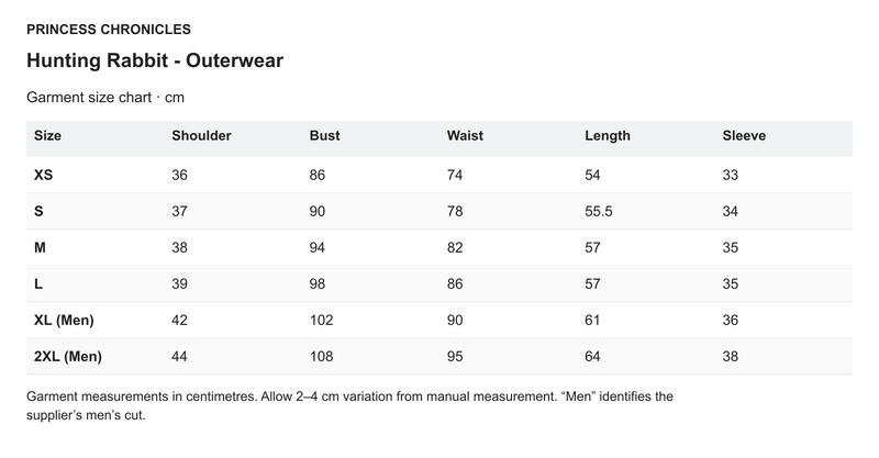 Princess Chronicles Hunting Rabbit - Outerwear - English garment measurements in centimetres