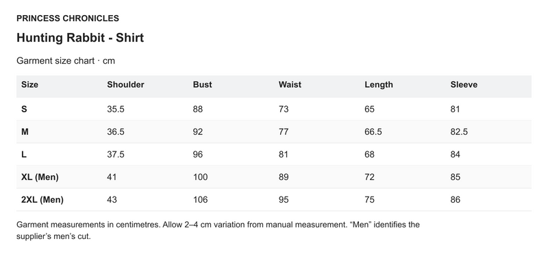 Princess Chronicles Hunting Rabbit - Shirt - English garment measurements in centimetres