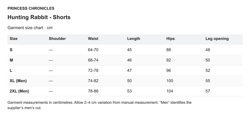 Princess Chronicles Hunting Rabbit - Shorts - English garment measurements in centimetres