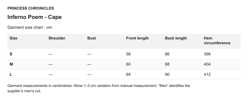 Princess Chronicles Inferno Poem - Cape - English garment measurements in centimetres
