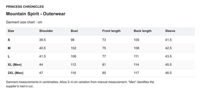 Princess Chronicles Mountain Spirit - Outerwear - English garment measurements in centimetres