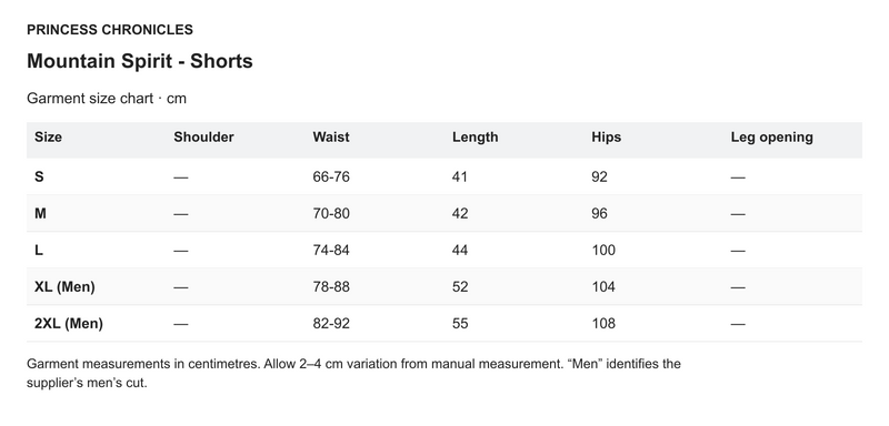 Princess Chronicles Mountain Spirit - Shorts - English garment measurements in centimetres