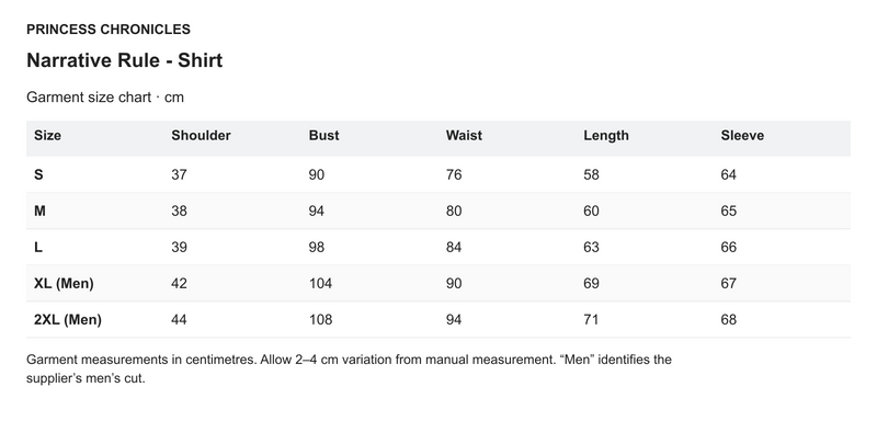 Princess Chronicles Narrative Rule - Shirt - English garment measurements in centimetres
