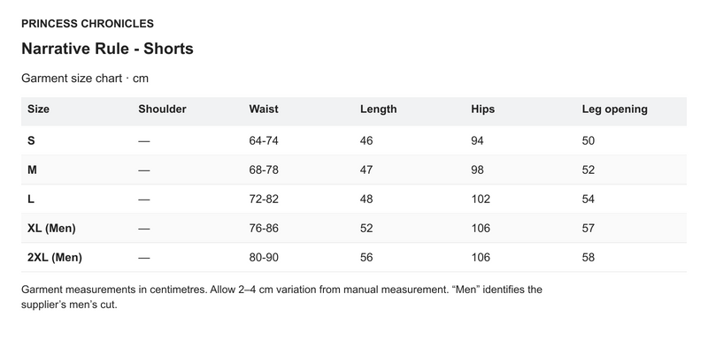 Princess Chronicles Narrative Rule - Shorts - English garment measurements in centimetres