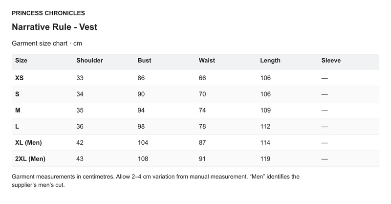 Princess Chronicles Narrative Rule - Vest - English garment measurements in centimetres