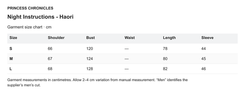Princess Chronicles Night Instructions - Haori - English garment measurements in centimetres
