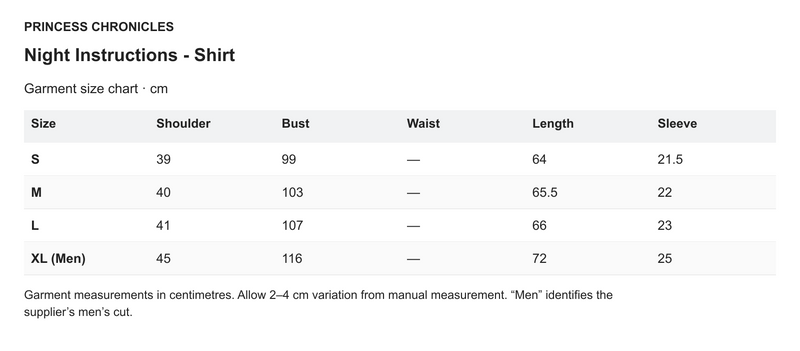Princess Chronicles Night Instructions - Shirt - English garment measurements in centimetres