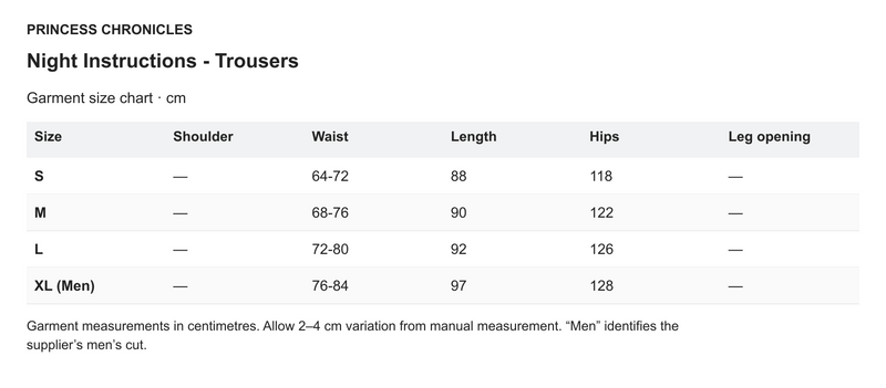 Princess Chronicles Night Instructions - Trousers - English garment measurements in centimetres