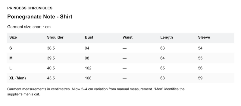 Princess Chronicles Pomegranate Note - Shirt - English garment measurements in centimetres