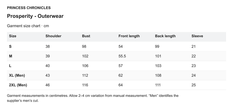Princess Chronicles Prosperity - Outerwear - English garment measurements in centimetres