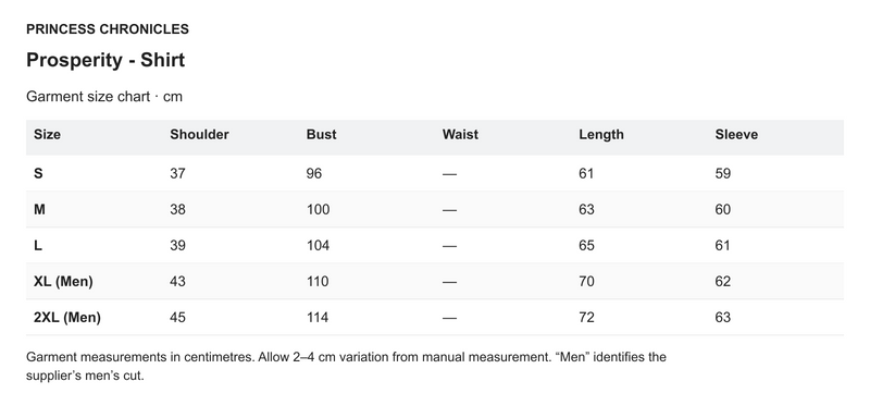 Princess Chronicles Prosperity - Shirt - English garment measurements in centimetres