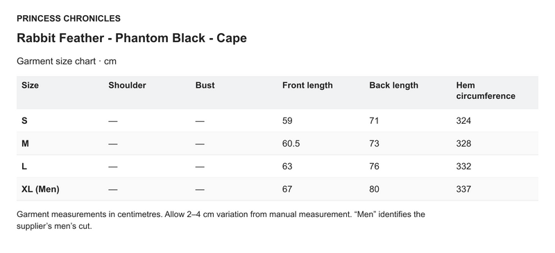 Princess Chronicles Rabbit Feather - Phantom Black - Cape - English garment measurements in centimetres