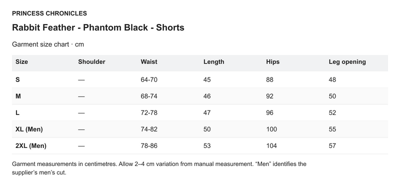Princess Chronicles Rabbit Feather - Phantom Black - Shorts - English garment measurements in centimetres