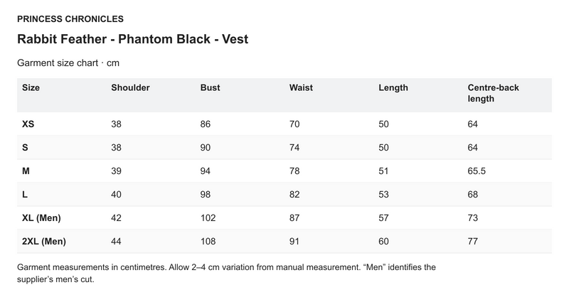 Princess Chronicles Rabbit Feather - Phantom Black - Vest - English garment measurements in centimetres
