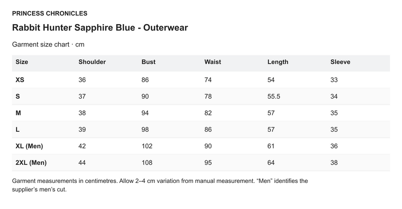 Princess Chronicles Rabbit Hunter Sapphire Blue - Outerwear - English garment measurements in centimetres